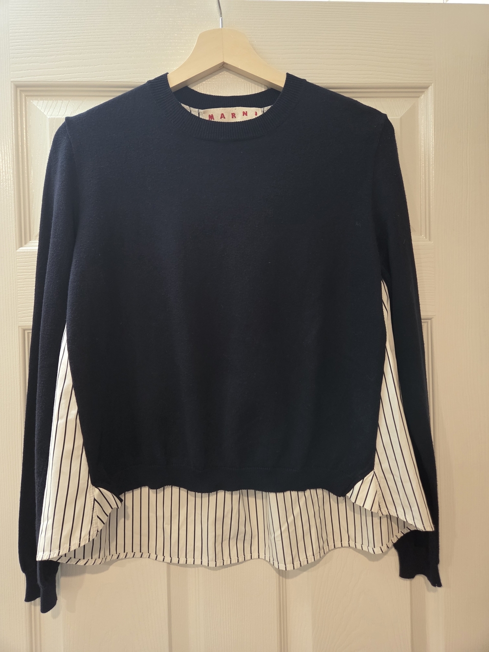 Marni Mixed Media Cotton Sweater Striped Poplin Back IT 40 Made in Italy